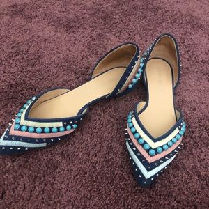 Blue/white studded and beaded blue suede flats